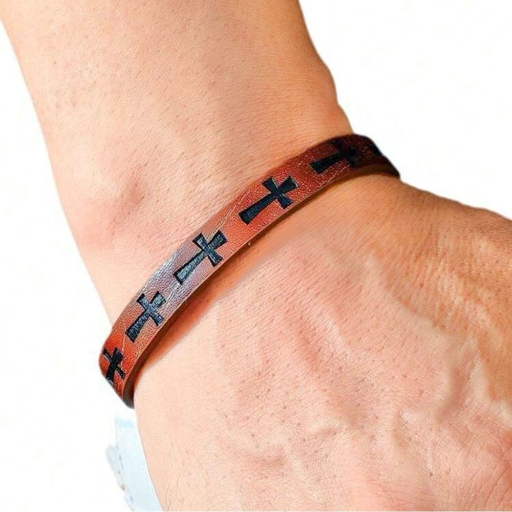 Brown Leather Bracelet with Crosses - Picture 2 of 5